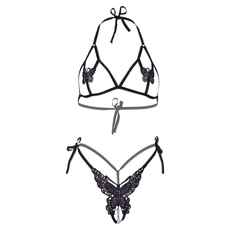 LEG AVENUE - TWO PIECES SET BRA AND PANTY OF BUTTERFLIES & PEARLS ONE SIZE - BLACK