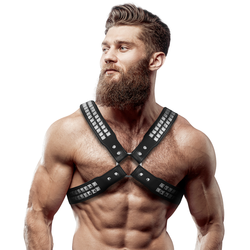 FETISH SUBMISSIVE ATTITUDE - MEN'S CROSSED CHEST ECO-LEATHER HARNESS WITH RIVETS