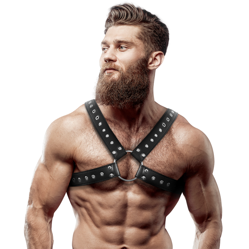 FETISH SUBMISSIVE ATTITUDE - MEN'S CROSS-OVER ECO-LEATHER CHEST HARNESS WITH STUDS