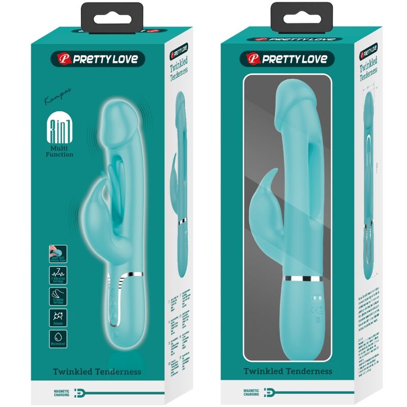 PRETTY LOVE - KAMPAS RABBIT 3 IN 1 MULTIFUNCTION VIBRATOR WITH TONGUE AQUA GREEN