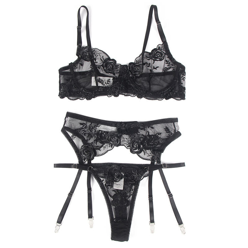 SUBBLIME - SET OF 3 PIECES BRA + THONG + GARTER FLORAL PRINT BLACK S/M