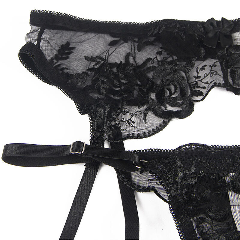 SUBBLIME - SET OF 3 PIECES BRA + THONG + GARTER FLORAL PRINT BLACK S/M