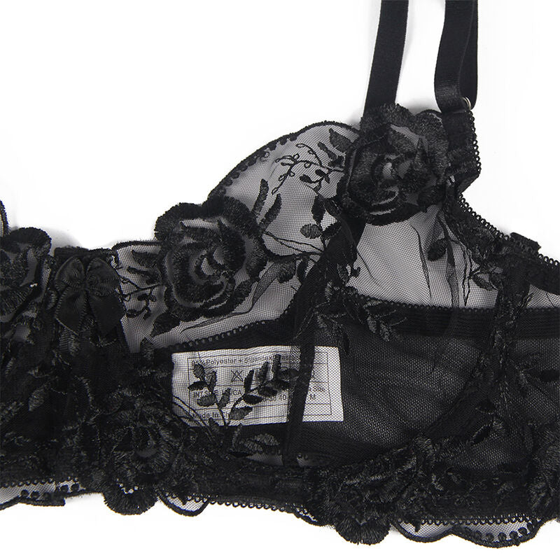 SUBBLIME - SET OF 3 PIECES BRA + THONG + GARTER FLORAL PRINT BLACK S/M