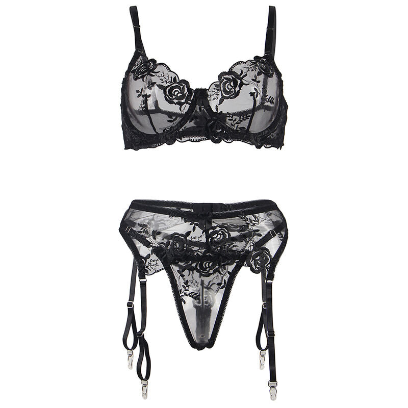 SUBBLIME - SET OF 3 PIECES BRA + THONG + GARTER FLORAL PRINT BLACK S/M