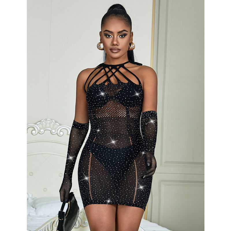 SUBBLIME - 952235 FISHNET DRESS WITH RHINESTONES  BLACK ONE SIZE