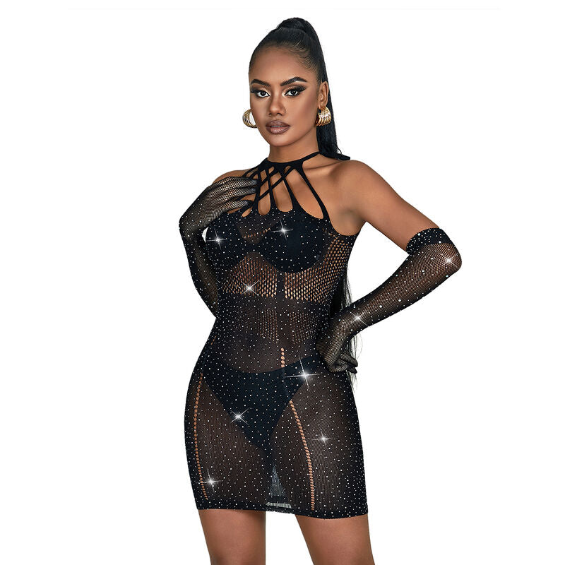 SUBBLIME - 952235 FISHNET DRESS WITH RHINESTONES  BLACK ONE SIZE