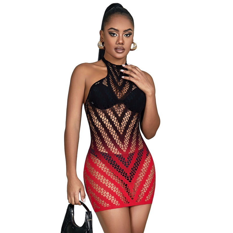 SUBBLIME - 952242 RED AND BLACK DEGRADED ELASTIC FISHNET DRESS ONE SIZE