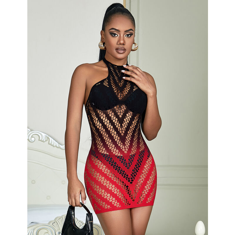 SUBBLIME - 952242 RED AND BLACK DEGRADED ELASTIC FISHNET DRESS ONE SIZE