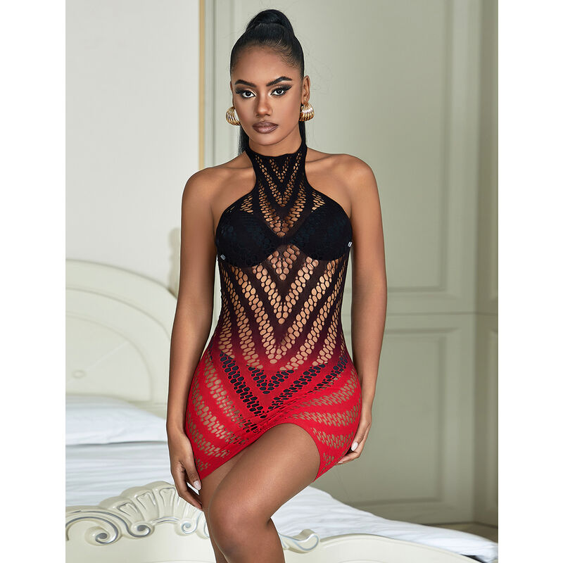 SUBBLIME - 952242 RED AND BLACK DEGRADED ELASTIC FISHNET DRESS ONE SIZE