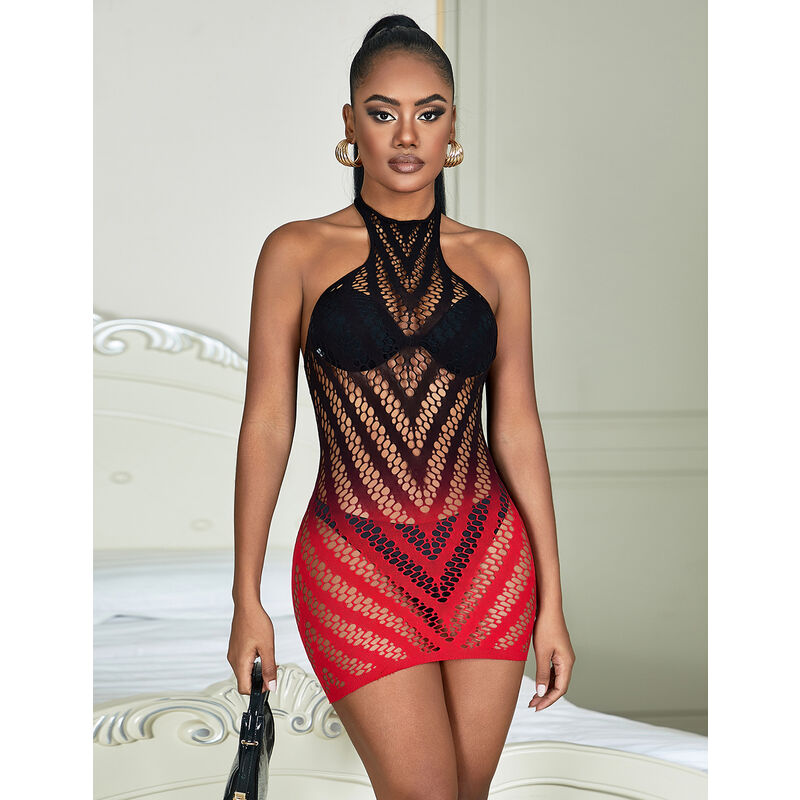 SUBBLIME - 952242 RED AND BLACK DEGRADED ELASTIC FISHNET DRESS ONE SIZE