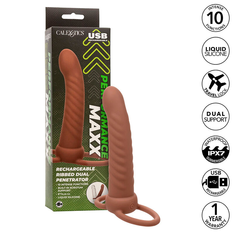 CALEXOTICS - MAXX RIBBED DUAL PENETRATOR 10 VIBRATIONS BROWN