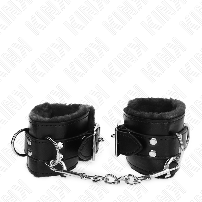 KINK - FUR LINED WRIST RESTRAINTS BLACK WITH BLACK BELT ADJUSTABLE 17-29 CM X 6 CM