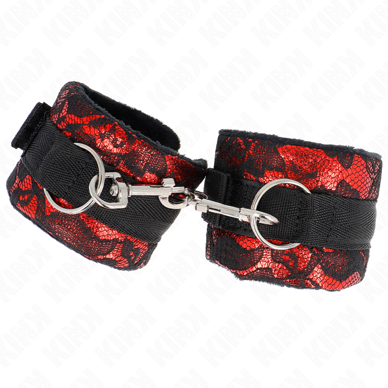 KINK - SHORT VELVET LACE WRIST RESTRAINTS AND NYLON BIND RED / BLACK 23 X 6.5 CM