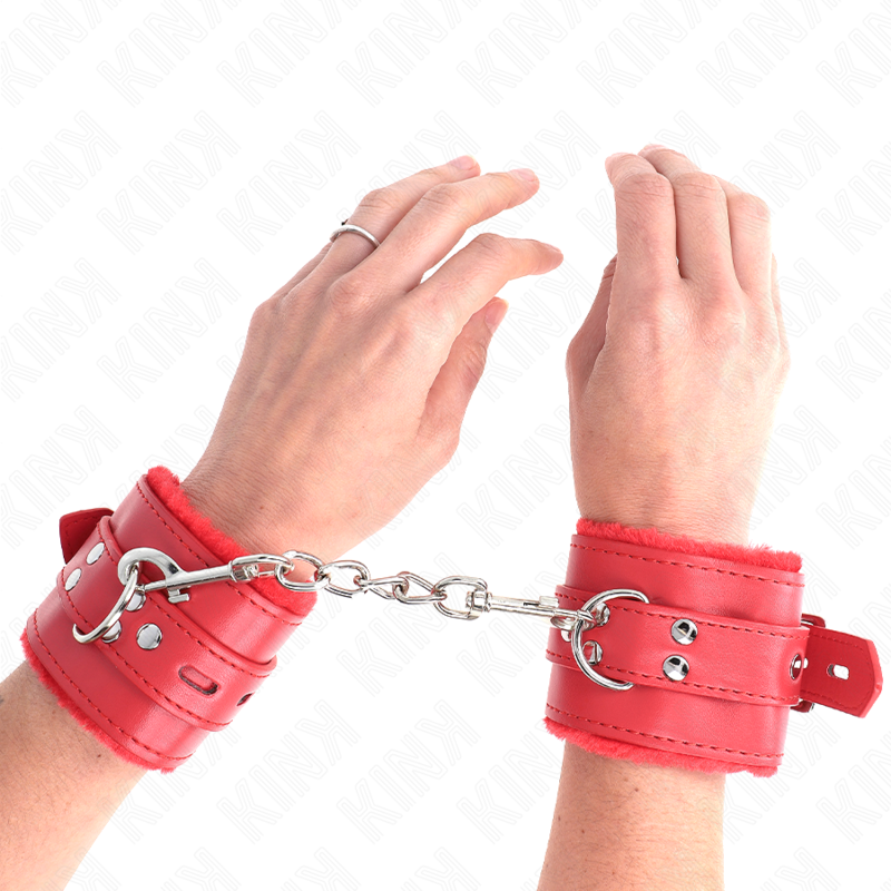 KINK - FUR LINED WRIST RESTRAINTS WITH SQUARE HOLES RED AND RED BELT ADJUSTABLE 17-29 CM X 6 CM