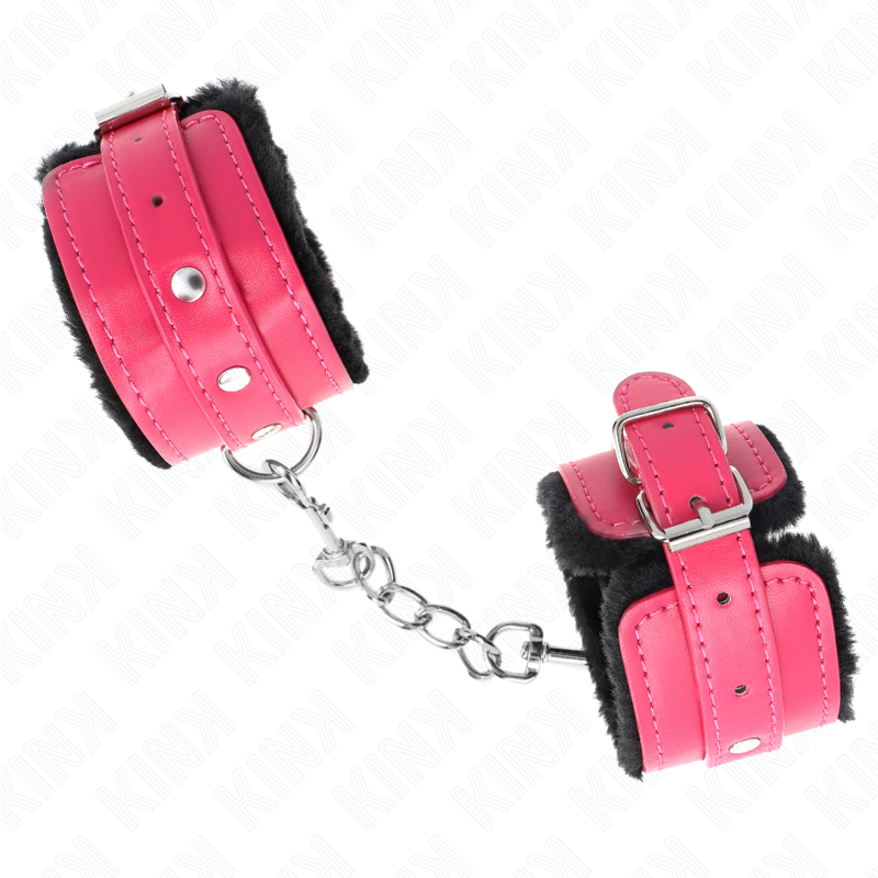 KINK - PREMIUM FUR LINED WRIST RESTRAINTS BLACK WITH RASPBERRY ROSE BELT ADJUSTABLE 17-29 CM X 6 CM