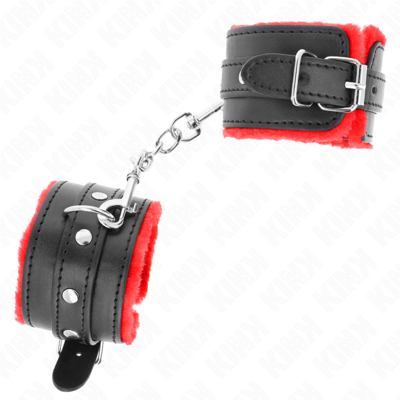 KINK - PREMIUM FUR LINED WRIST RESTRAINTS RED WITH BLACK BELT ADJUSTABLE 17-29 CM X 6 CM