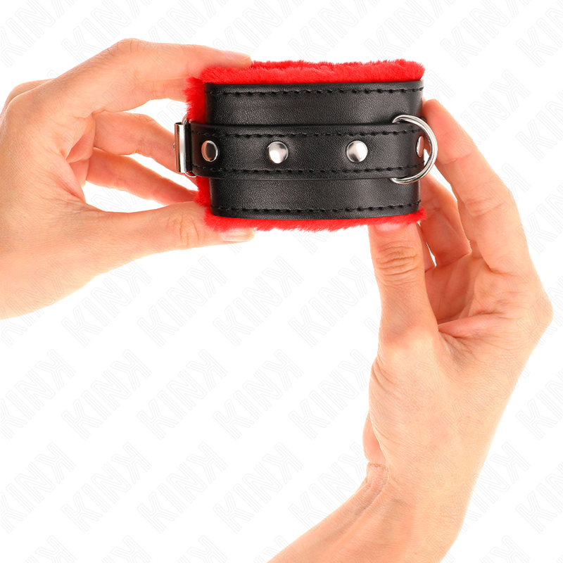 KINK - PREMIUM FUR LINED WRIST RESTRAINTS RED WITH BLACK BELT ADJUSTABLE 17-29 CM X 6 CM