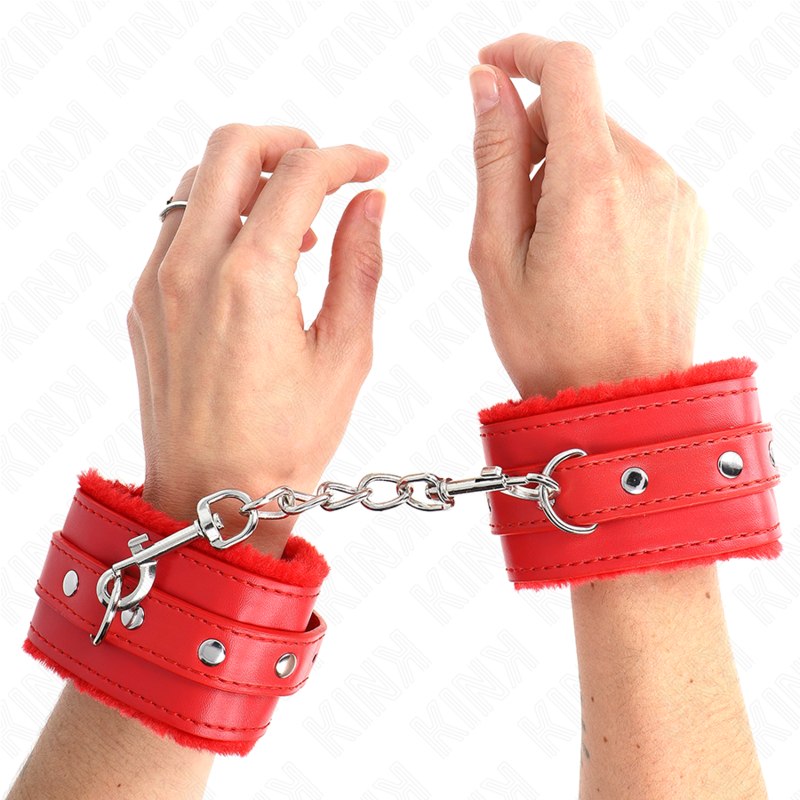 KINK - PREMIUM FUR LINED WRIST RESTRAINTS RED WITH RED BELT ADJUSTABLE 17-29 CM X 6 CM