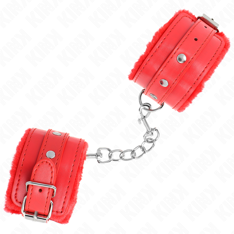 KINK - PREMIUM FUR LINED WRIST RESTRAINTS RED WITH RED BELT ADJUSTABLE 17-29 CM X 6 CM