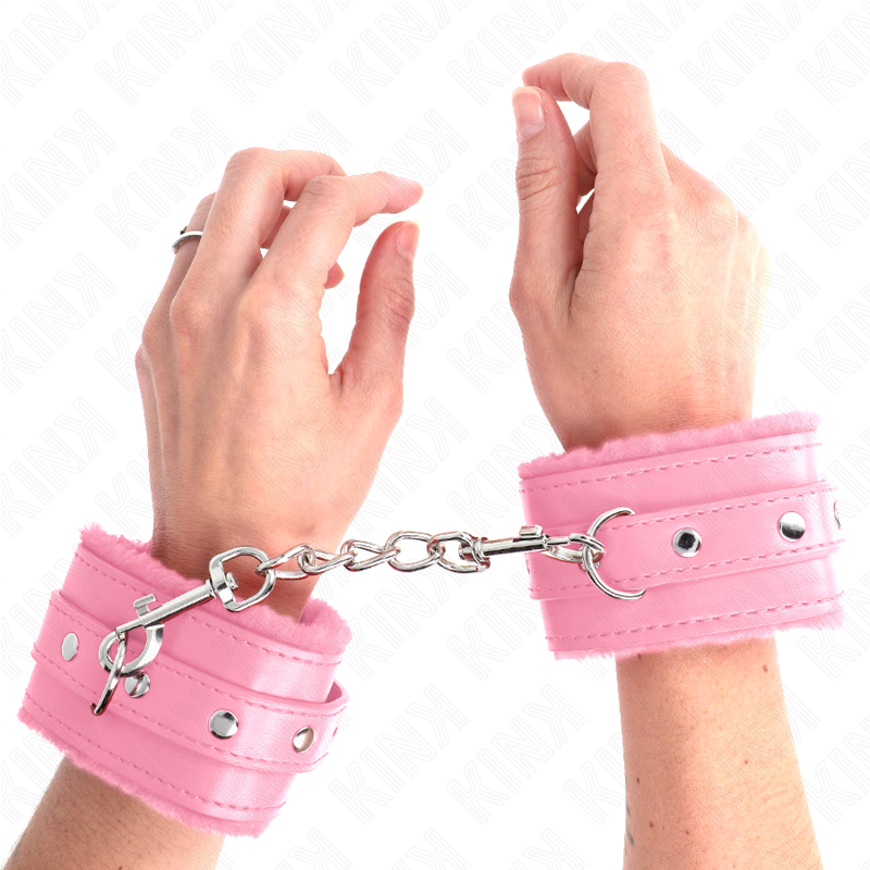 KINK - PREMIUM FUR LINED WRIST RESTRAINTS PINK WITH PINK BELT ADJUSTABLE 17-29 CM X 6 CM