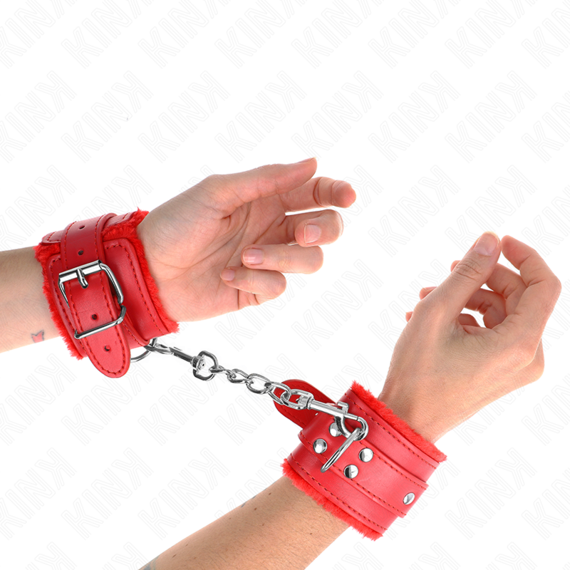 KINK - FUR LINED WRIST RESTRAINTS RED WITH RED BELT ADJUSTABLE 17-29 CM X 6 CM