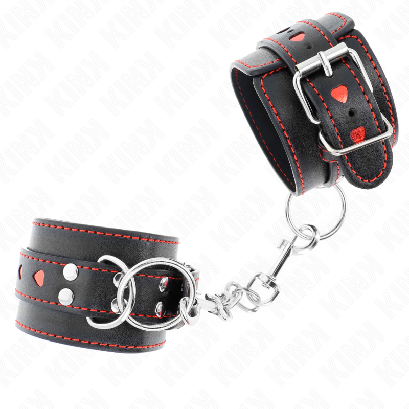 KINK - BLACK WRIST RESTRAINTS WITH RED HEART INLAY ADJUSTABLE 21-28 CM X 5.5 CM