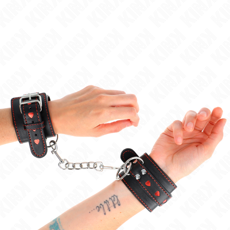 KINK - BLACK WRIST RESTRAINTS WITH RED HEART INLAY ADJUSTABLE 21-28 CM X 5.5 CM