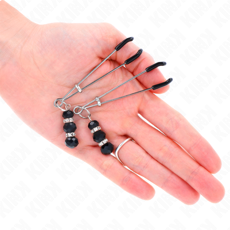 KINK - GOLD THIN NIPPLE CLAMPS WITH 3 BLACK GLASS BEADS 7 CM