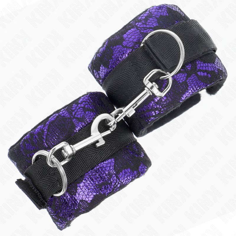 KINK - SHORT VELVET LACE WRIST RESTRAINTS AND NYLON BIND PURPLE / BLACK 23 X 6.5 CM