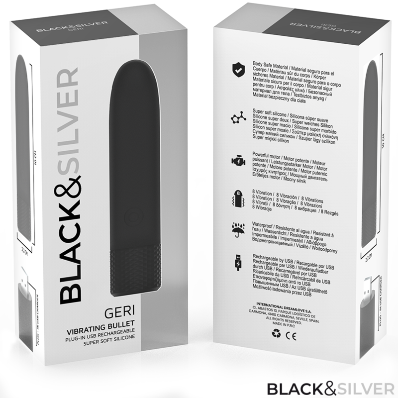 BLACK & SILVER - GERI USB RECHARGEABLE VIBRATING BULLET 8 VIBRATIONS BLACK 10 X 2.2 CM