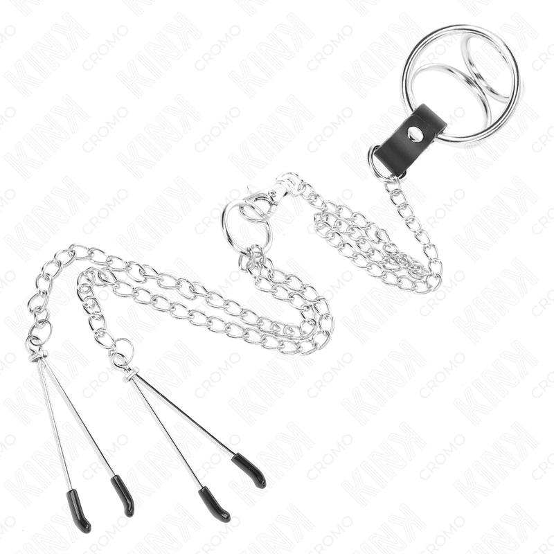 KINK - TRIPLE CHROME METAL PENIS RING 3 CM TO 4.5 CM WITH 26 CM METAL CHAIN AND NIPPLE CLIPS