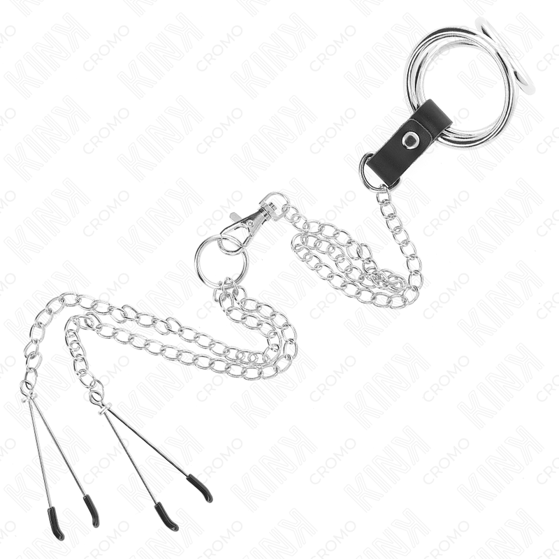 KINK - TRIPLE CHROME METAL PENIS RING 3.8 CM TO 5 CM WITH 26 CM METAL CHAIN AND NIPPLE CLAMPS MODEL 2