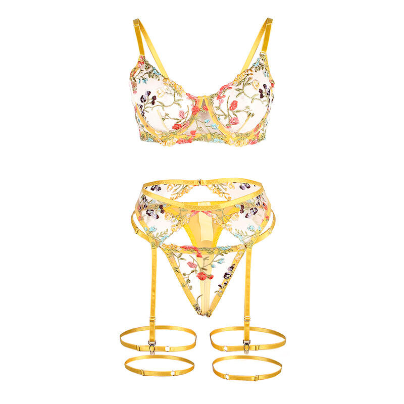 SUBBLIME - 954352 BRA + THONG + GARTER BELT FLORAL DESIGN YELLOW L/XL