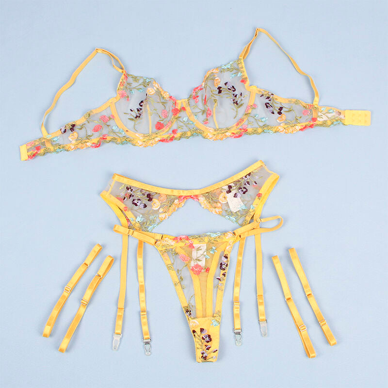 SUBBLIME - 954352 BRA + THONG + GARTER BELT FLORAL DESIGN YELLOW L/XL