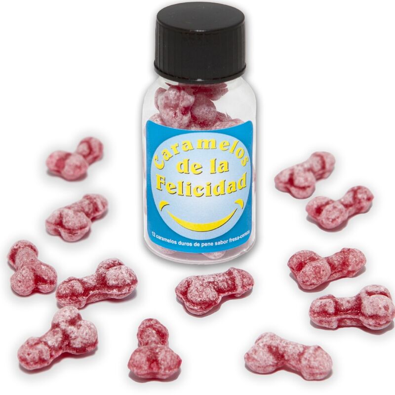 DIABLO PICANTE - JAR OF 12 STRAWBERRY/CHERRY HAPPY PENIS-SHAPED CANDIES